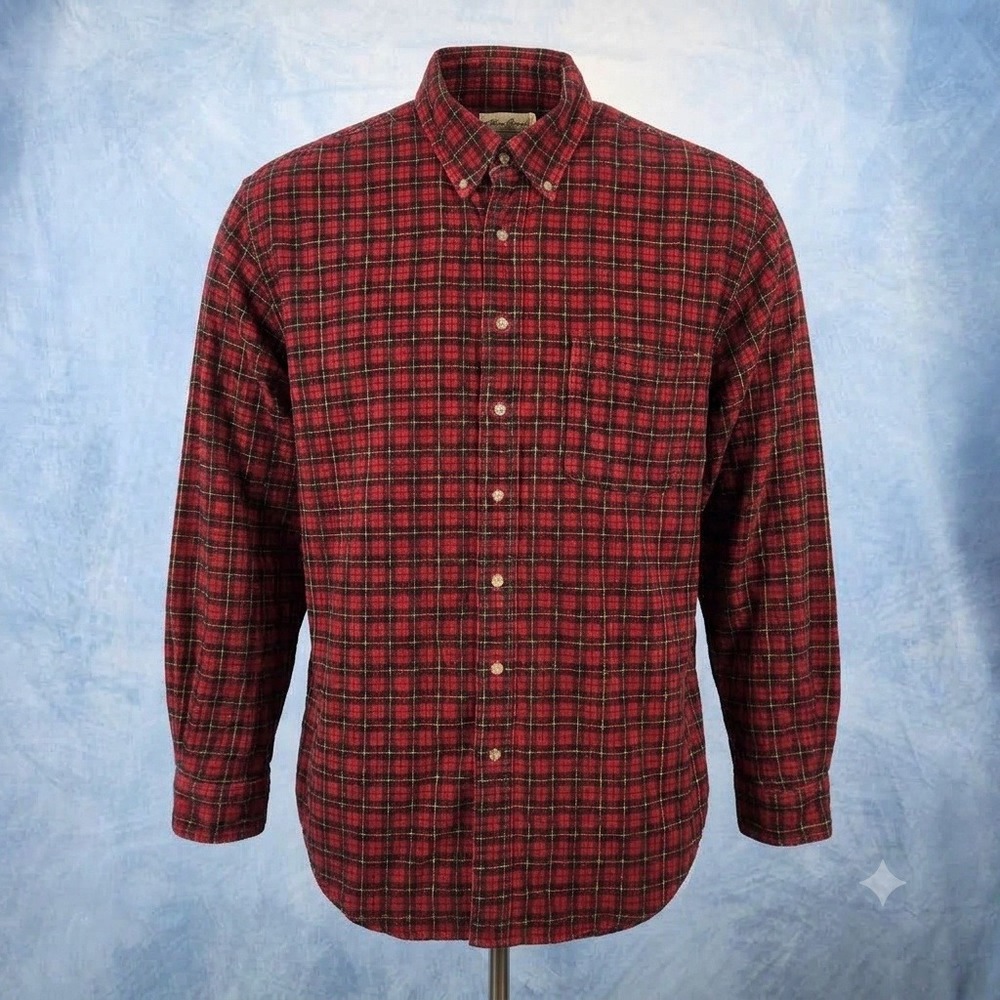 Eddie Bauer Mens XL Tall Corduroy Shirt Red Plaid Long Sleeve Button Down Cotton